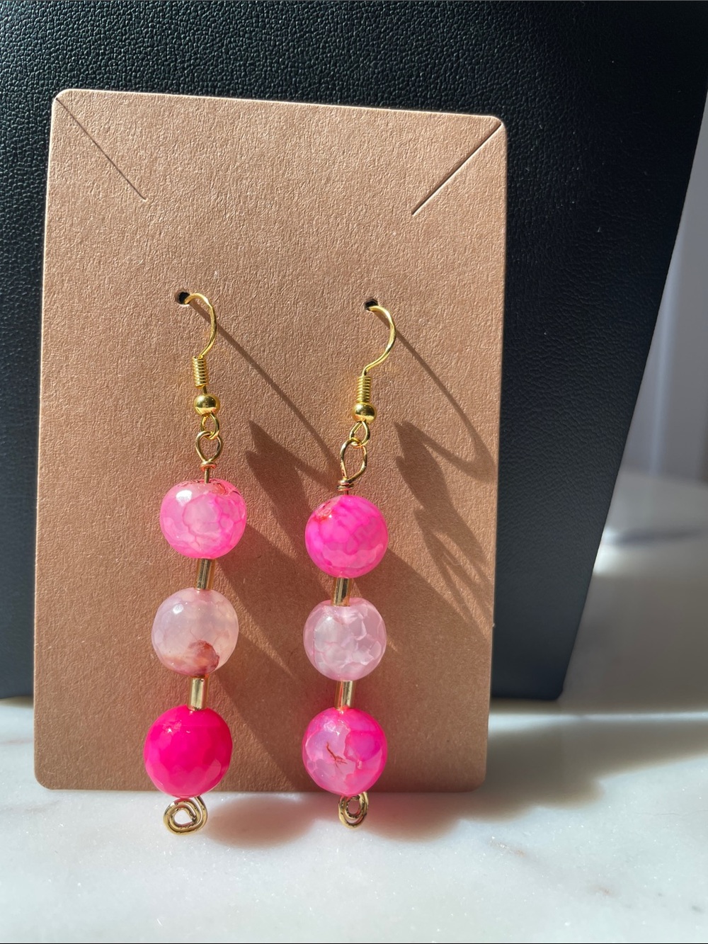 Pink Real Stone Beaded Drop Gold tone Earrings